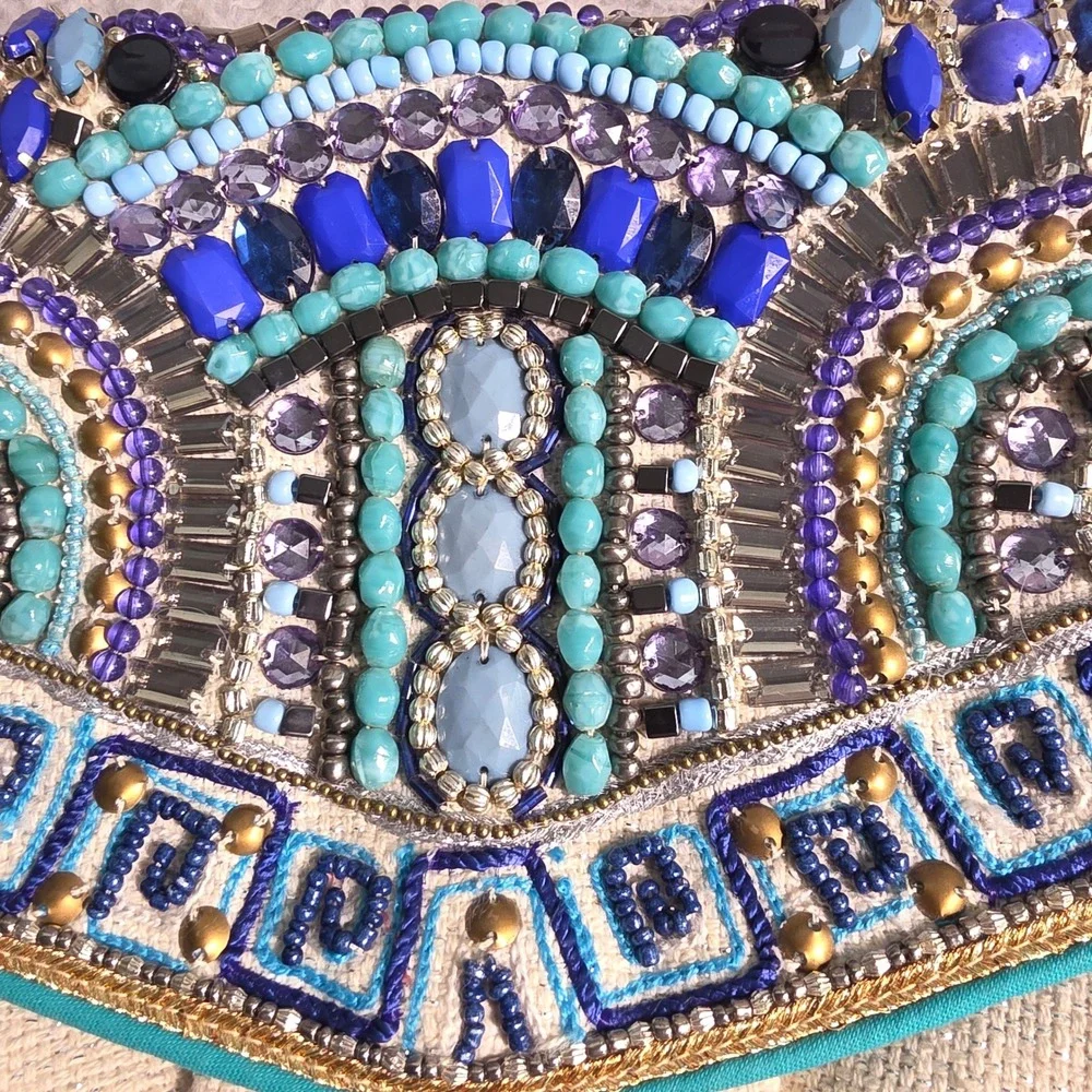 Chico's Clutch Bag‎ Beige Blue Beaded Turquoise Green Coastal Bohemian Purse